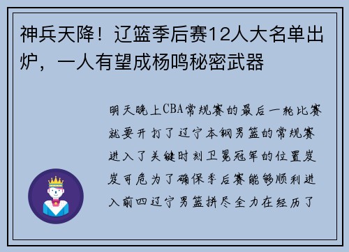 神兵天降！辽篮季后赛12人大名单出炉，一人有望成杨鸣秘密武器